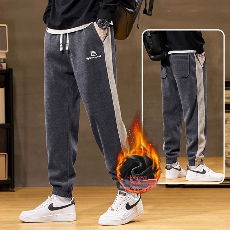Corduroy melegített casual nadrág patchwork kontrasztos díszítéssel, egyenes szabású, középső derék, kötős zár