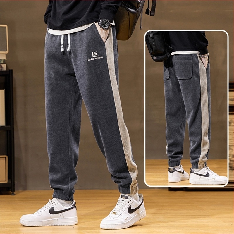 Corduroy melegített casual nadrág patchwork kontrasztos díszítéssel, egyenes szabású, középső derék, kötős zár