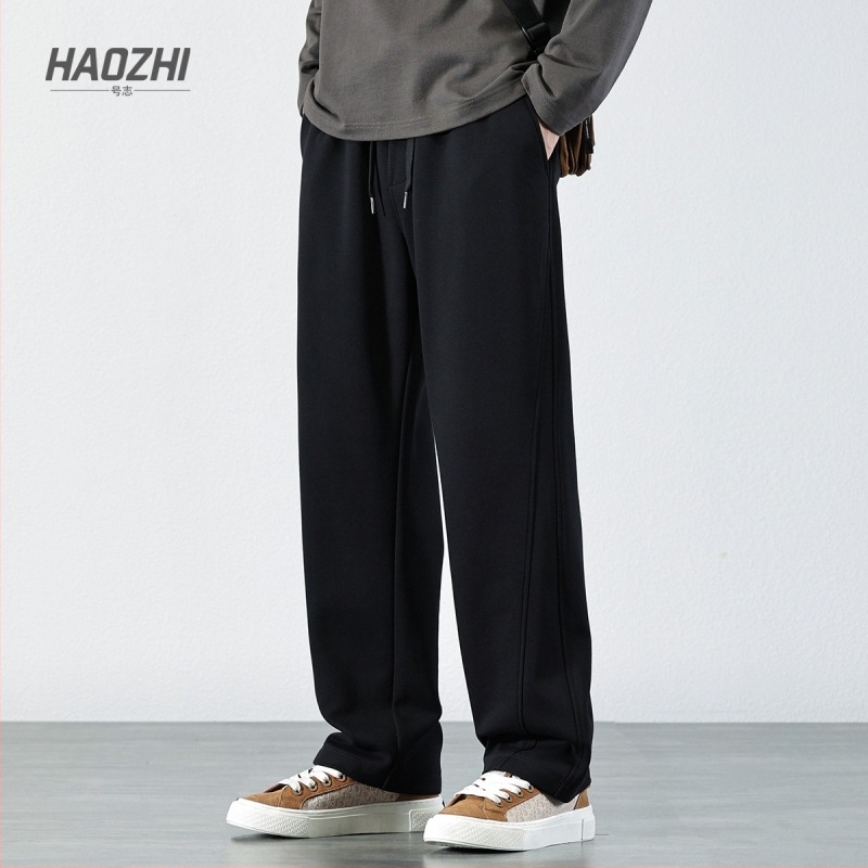 Férfi őszi fleece-béléssel ellátott vastag nadrág, fekete, elasztikus derekú, retro amerikai casual stílus, laza szabású, egyenes szárú