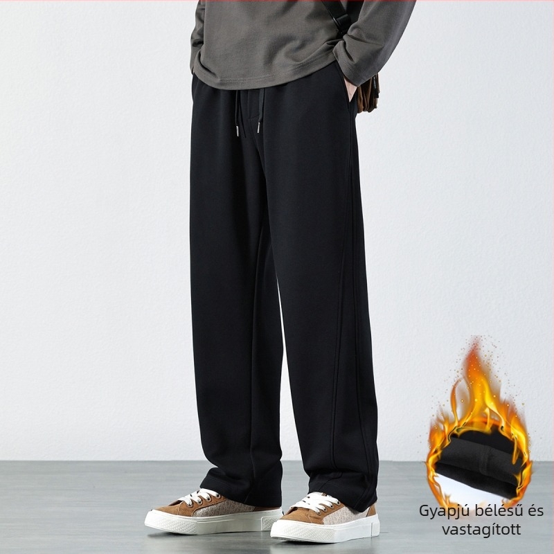 Férfi őszi fleece-béléssel ellátott vastag nadrág, fekete, elasztikus derekú, retro amerikai casual stílus, laza szabású, egyenes szárú