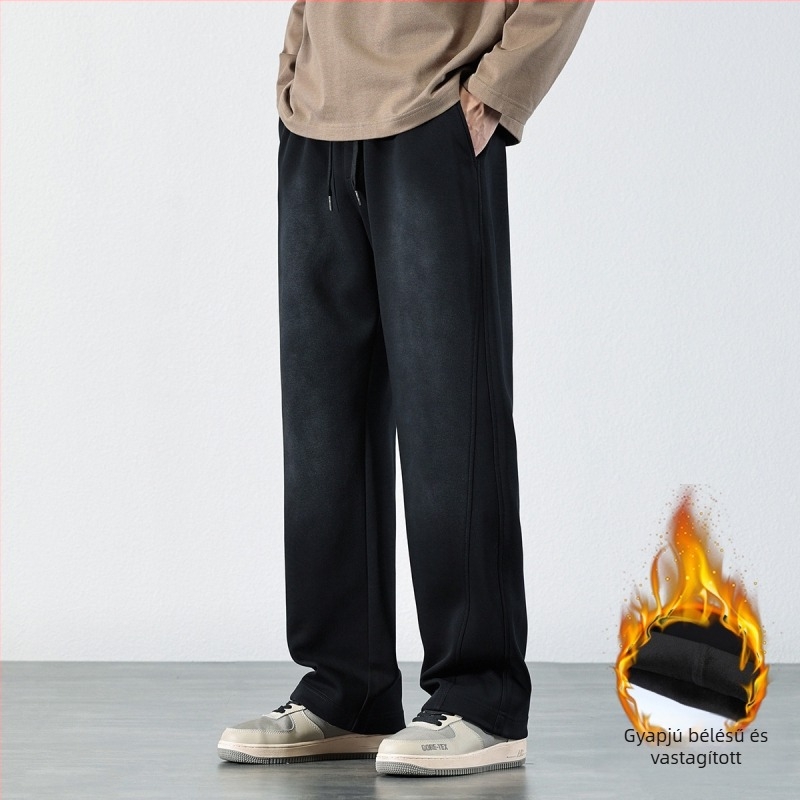 Férfi őszi fleece-béléssel ellátott vastag nadrág, fekete, elasztikus derekú, retro amerikai casual stílus, laza szabású, egyenes szárú