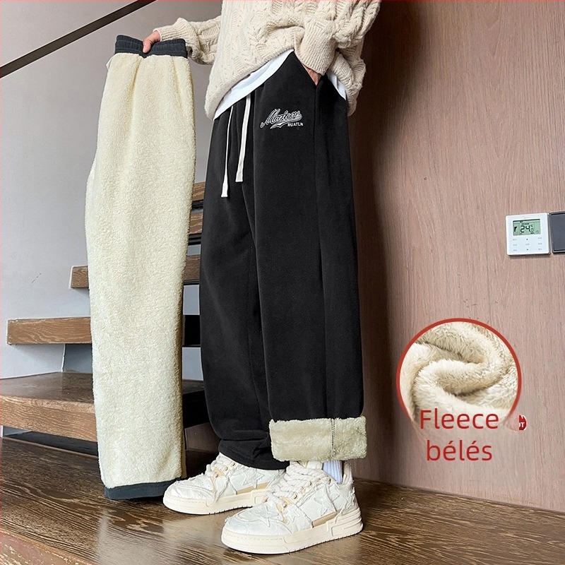 Férfi téli fleece-béléses nadrág, egyenes szabású, kényelmes, hosszú.