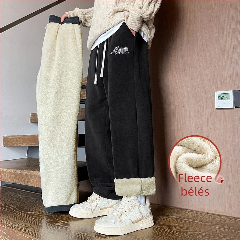 Férfi téli fleece-béléses nadrág, egyenes szabású, kényelmes, hosszú.
