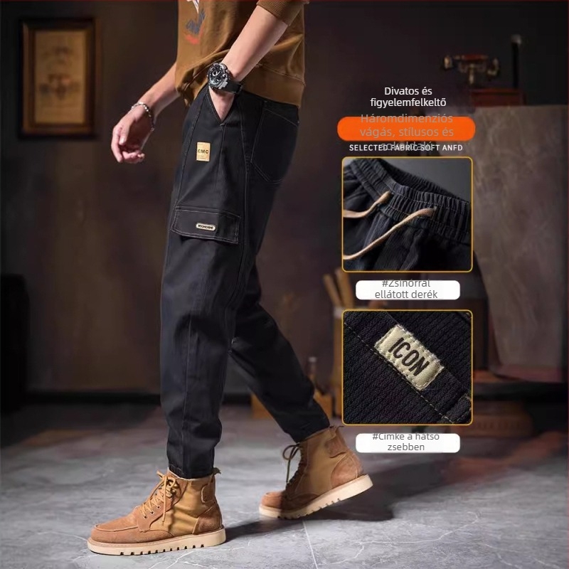 Férfi munkás nadrág japán workwear stílusban, keskeny szabás, középmagas derék, övvel, pamut