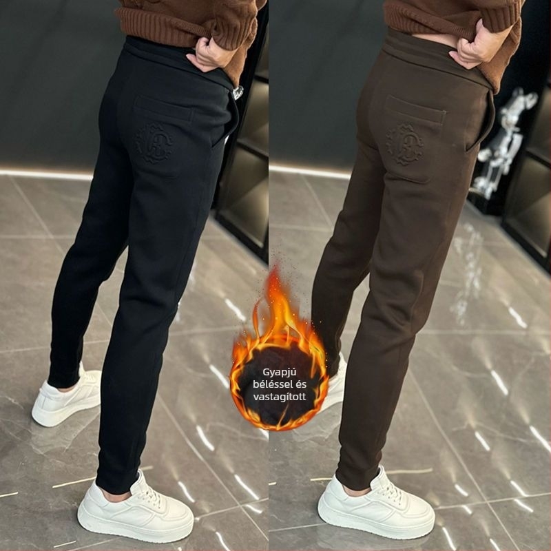 Férfi őszi-téli casual nadrág embossed mintával és fleece belsővel, vast anyagú, koreai stílusú, karcsúsított jogger szabású