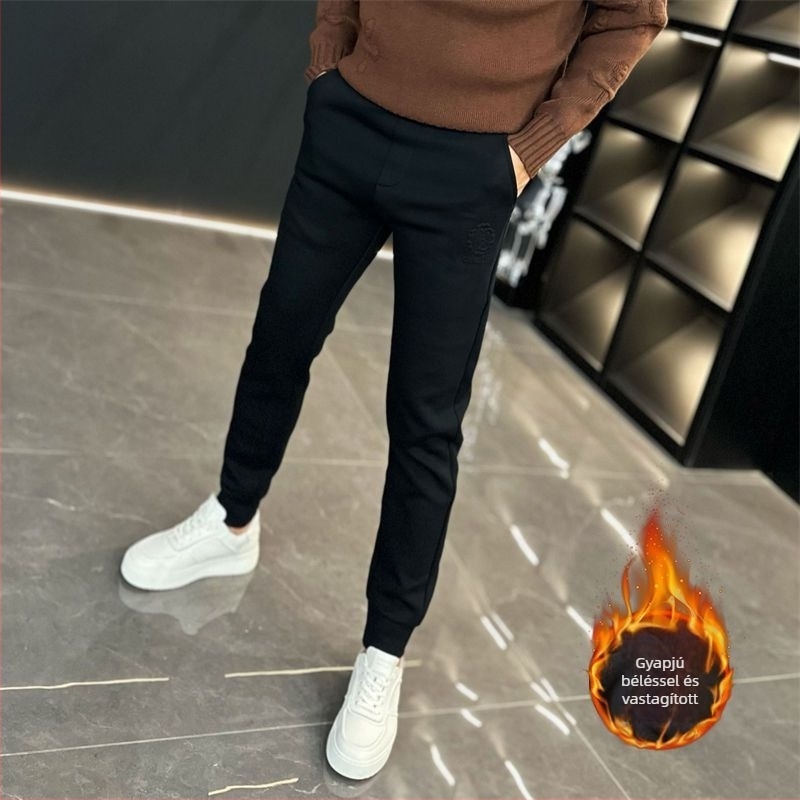 Férfi őszi-téli casual nadrág embossed mintával és fleece belsővel, vast anyagú, koreai stílusú, karcsúsított jogger szabású