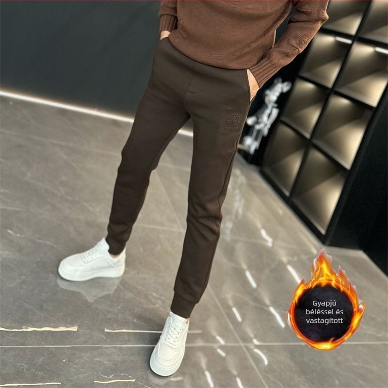 Férfi őszi-téli casual nadrág embossed mintával és fleece belsővel, vast anyagú, koreai stílusú, karcsúsított jogger szabású