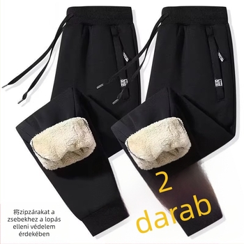 Férfiaknak fleece-béléssel bélelt egyenes nadrág, magas derekú, övvel, műszálak keveréke