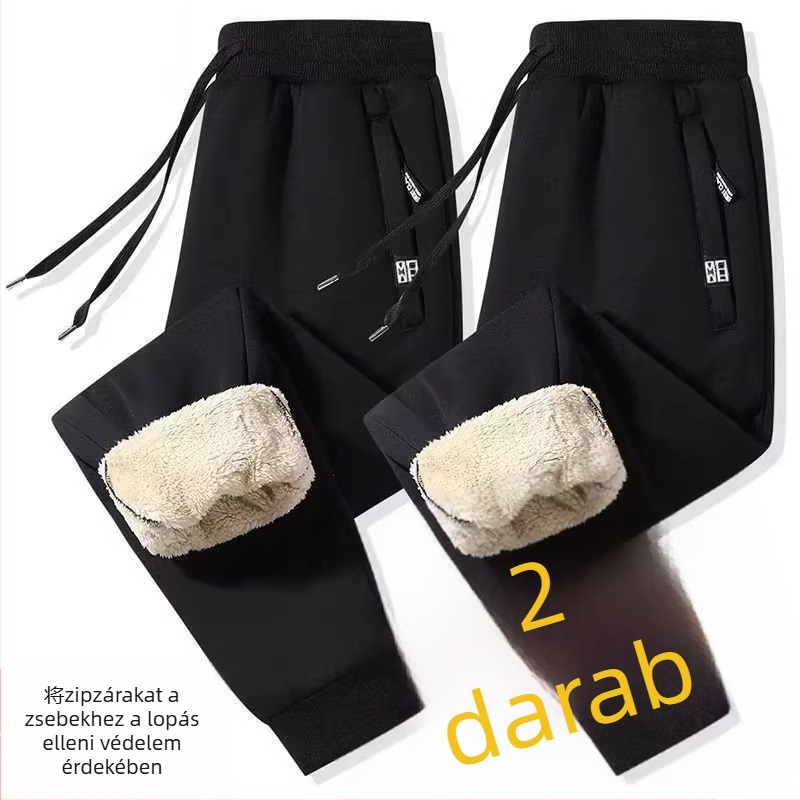 Férfiaknak fleece-béléssel bélelt egyenes nadrág, magas derekú, övvel, műszálak keveréke