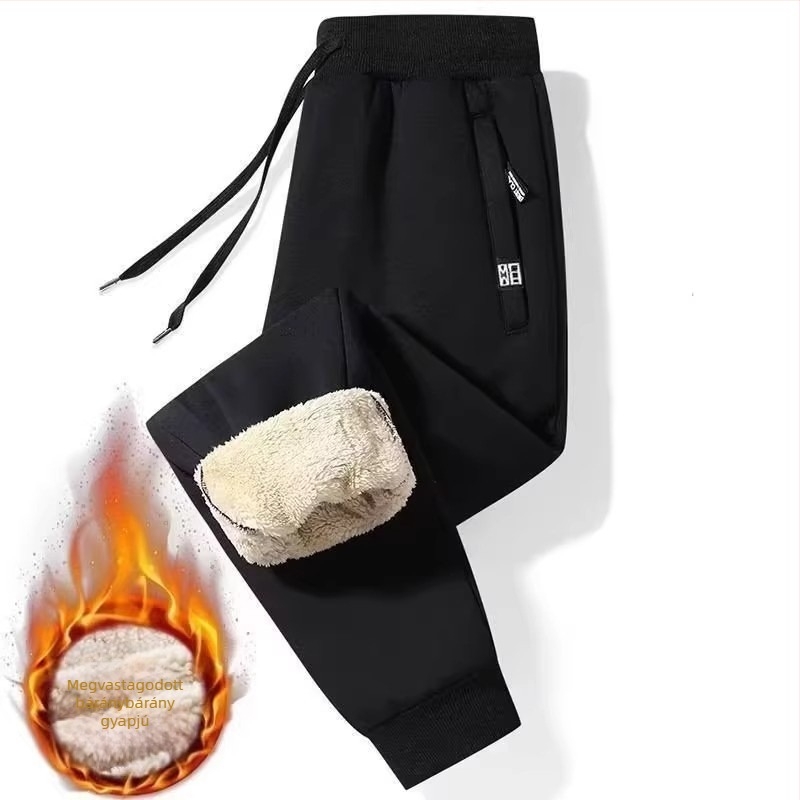Férfiaknak fleece-béléssel bélelt egyenes nadrág, magas derekú, övvel, műszálak keveréke