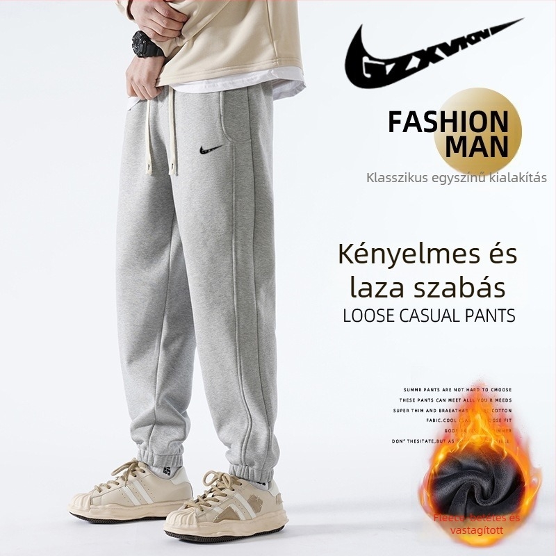 Férfi téli fleece-béléssel ellátott sportos nadrág, középtalpas, laza szabás, kötős zárás, téli viselet
