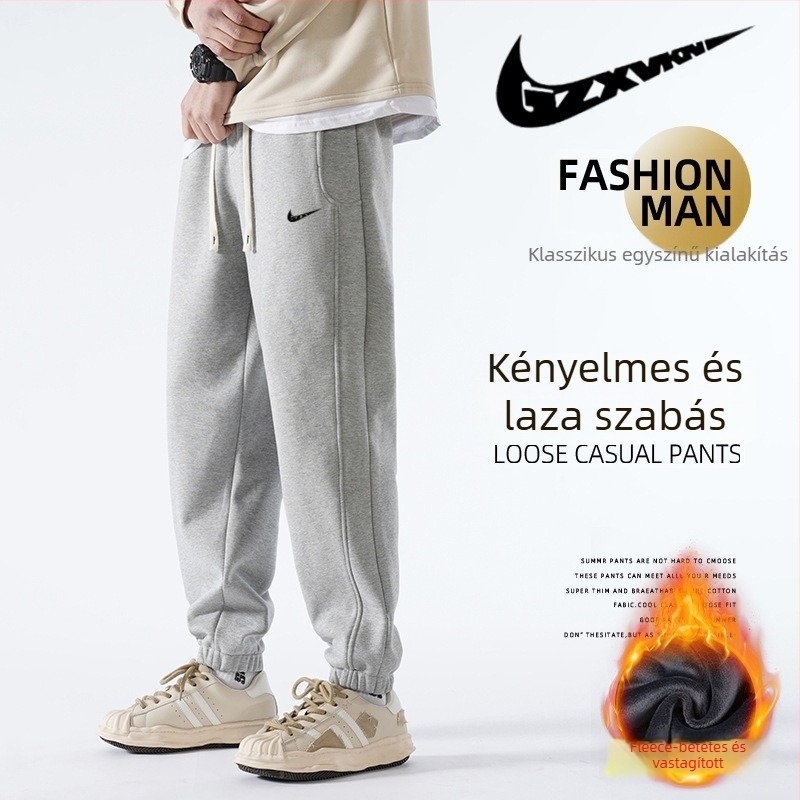 Férfi téli fleece-béléssel ellátott sportos nadrág, középtalpas, laza szabás, kötős zárás, téli viselet