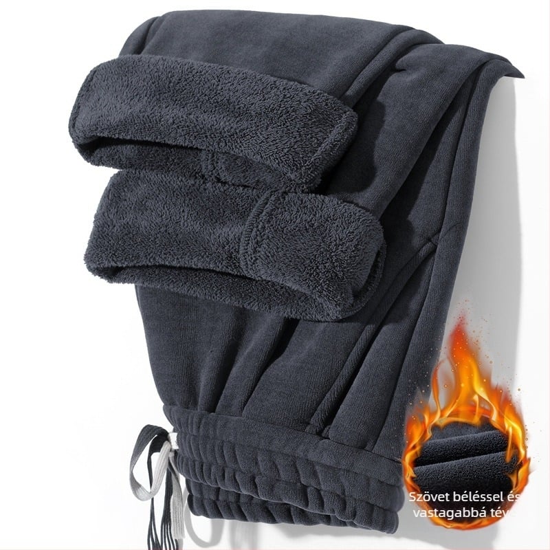 Férfi kétoldalas fleece nadrág, vastagított, lazább szabás, középmagas derék övvel, egyenes szár