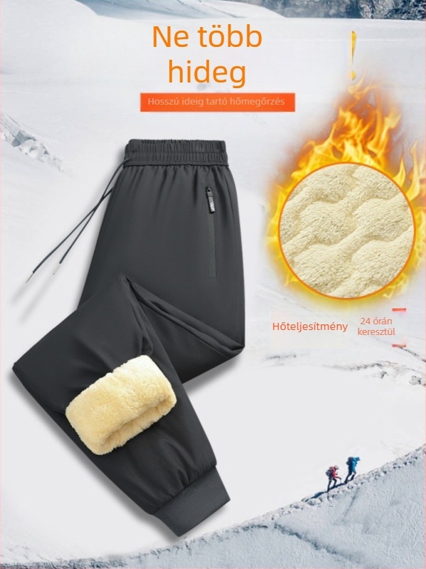 Férfi téli poliszter nadrág fleece béléssel, laza egyenes szabás, középmagas derék, zsinóros zárás