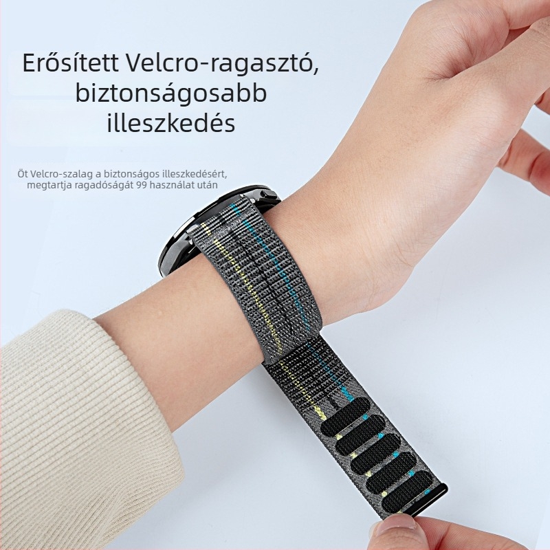 Nylon fonat óraszíj Huawei Watch5 Pro/GT6/5-höz; 22 mm interfész, Velcro zár; kompatibilis Samsung, Garmin, Huawei (Anyag: nylon fonat; Interfész: 22 mm; Zár: Velcro; Kompatibilitás: Samsung, Garmin, Huawei)