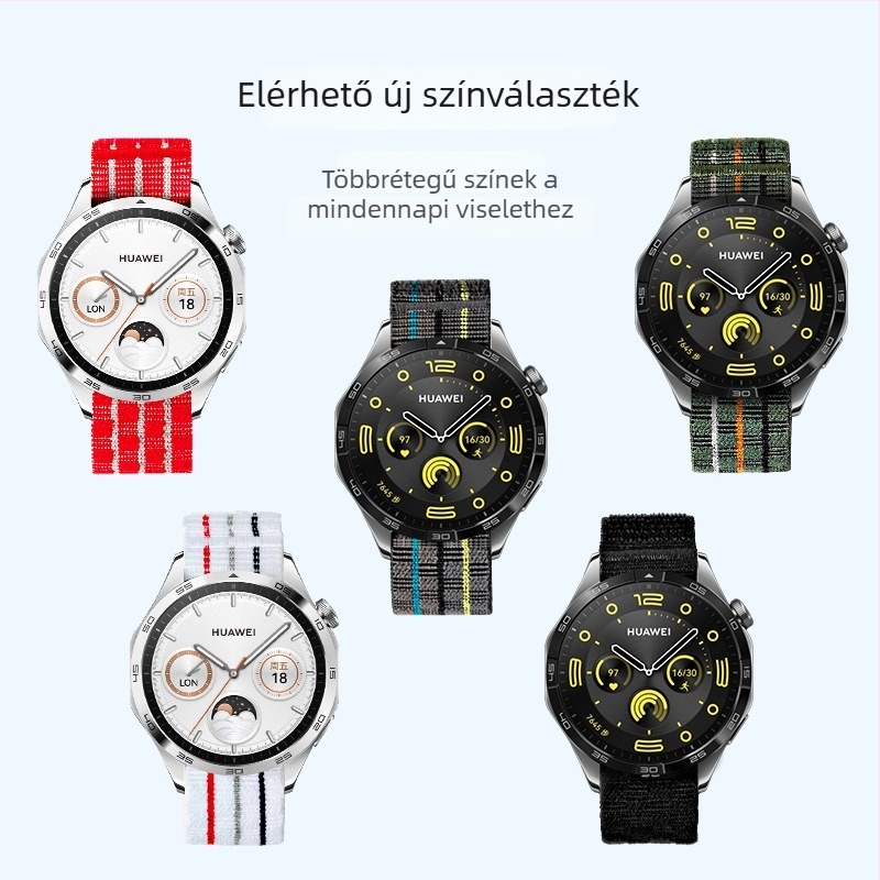 Nylon fonat óraszíj Huawei Watch5 Pro/GT6/5-höz; 22 mm interfész, Velcro zár; kompatibilis Samsung, Garmin, Huawei (Anyag: nylon fonat; Interfész: 22 mm; Zár: Velcro; Kompatibilitás: Samsung, Garmin, Huawei)