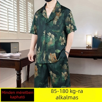Pluszméretű férfi nyári pizsama szett, rövid ujjú, ultra vékony anyag, új kínai stílusú trend, otthoni viselet.