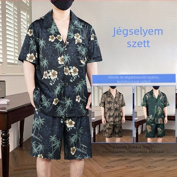 Pluszméretű férfi nyári pizsama szett, rövid ujjú, ultra vékony anyag, új kínai stílusú trend, otthoni viselet.