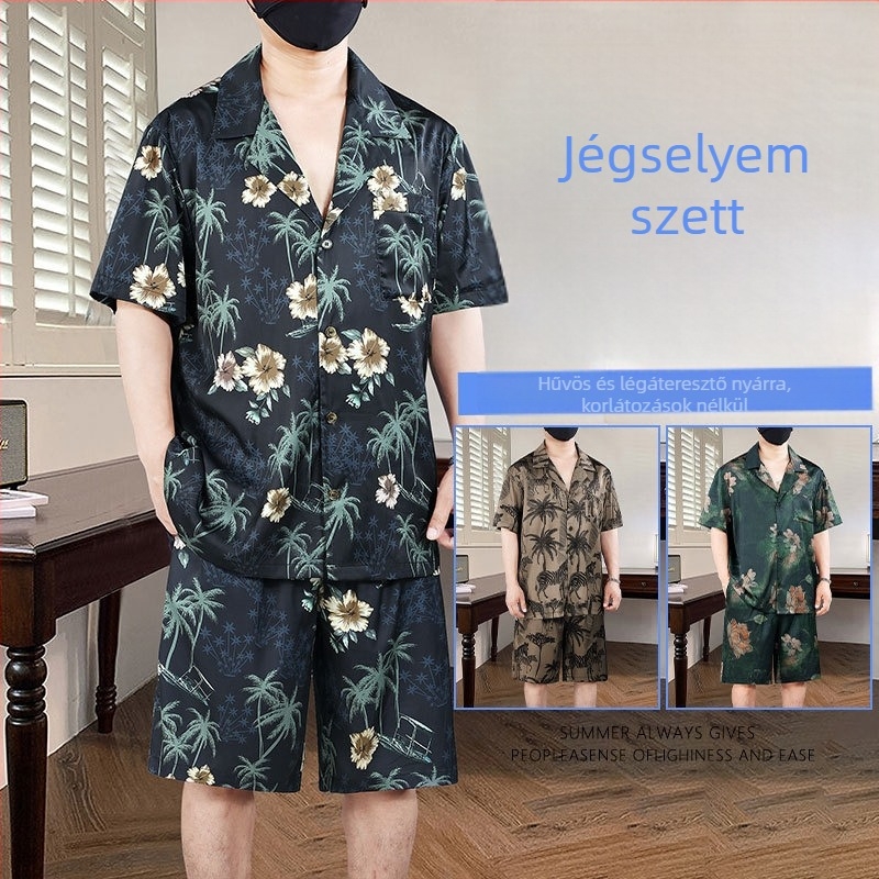 Pluszméretű férfi nyári pizsama szett, rövid ujjú, ultra vékony anyag, új kínai stílusú trend, otthoni viselet.