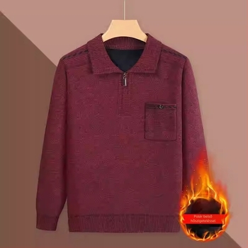 Férfi téli kötött pulóver fleece-béléssel, vastag melegítéshez, akril anyagú kötés, lazább szabás, zsebbel