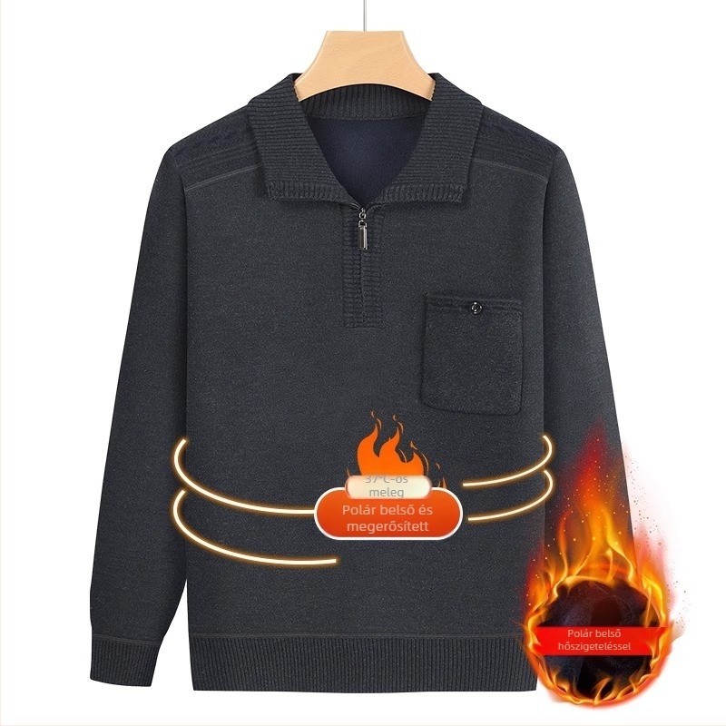 Férfi téli kötött pulóver fleece-béléssel, vastag melegítéshez, akril anyagú kötés, lazább szabás, zsebbel
