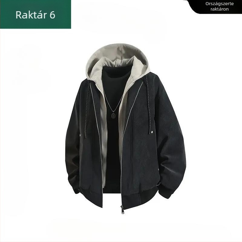 Férfiaknak tervezett kapucnis műbőr dzseki, amerikai stílus, őszi streetwear, oversize, casual