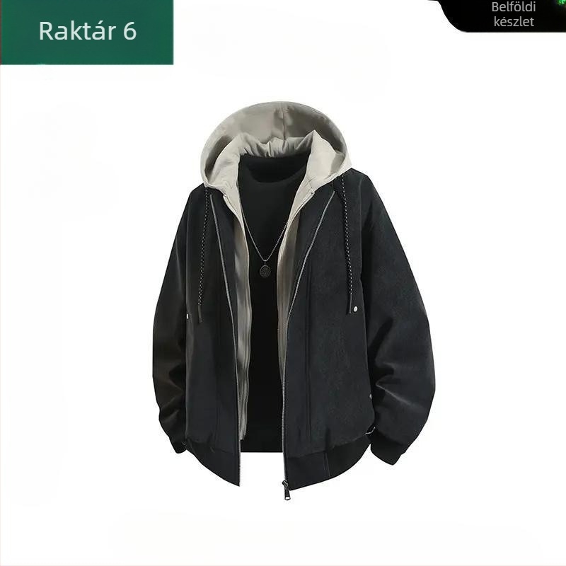 Férfiaknak tervezett kapucnis műbőr dzseki, amerikai stílus, őszi streetwear, oversize, casual