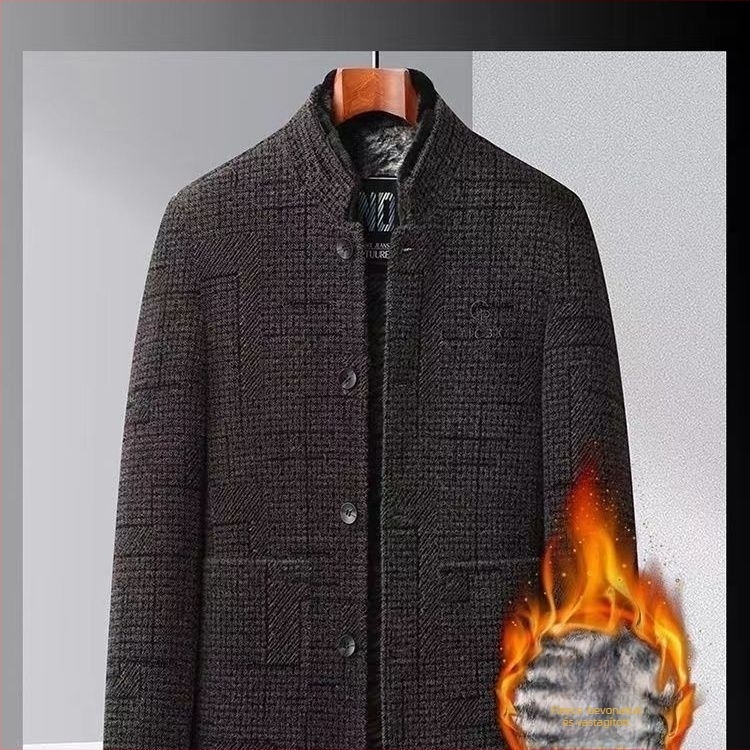 Férfi téli Chenille gyapjú dzseki fleece béléssel, kapucnival és álló gallérral