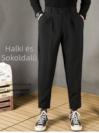 Férfi koreai stílusú egyenes szabású sportos nadrág, 9/10 hossz, középmagas derék, kötős zárás