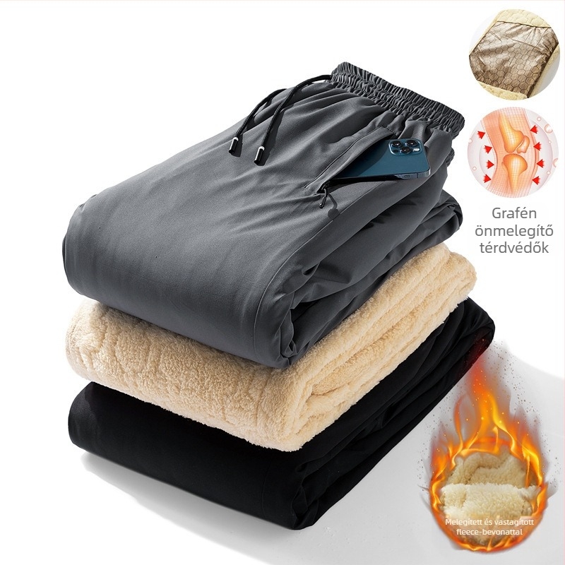Férfi téli fleece-béléssel ellátott egyenes szárú casual nadrág övvel és kötőzáras zárással