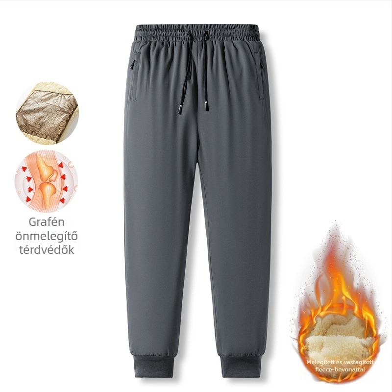 Férfi téli fleece-béléssel ellátott egyenes szárú casual nadrág övvel és kötőzáras zárással