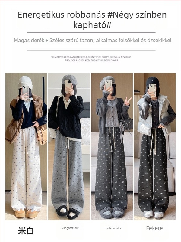 H577 Masniával díszített fleece-lével bélelt, magas derékú, széles lábú, egyenes szárú nadrág, őszi-téli