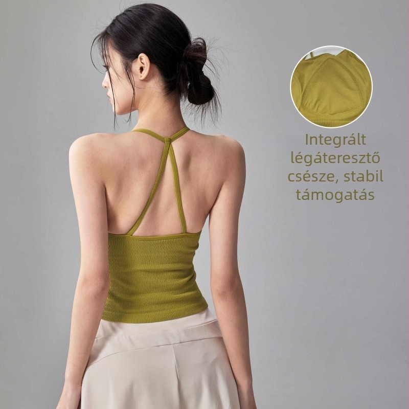 Női lélegző nylon-elastán jóga-top beépített melltartó párnákkal, vékony vállpántok, hátsó halter, hasig érő hossz