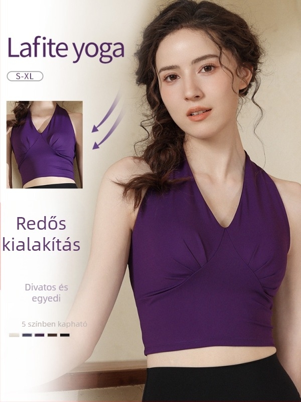 Pilates halternyakú jóga felső nőknek melltartóbetéttel, derékig érő top, amely takarja a hasat, karcsú szabás, V–nyakú