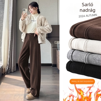 Női magas derekú, széles lábú nadrág fleece-béléssel, tweed hatású textúrával, őszi-téli, mindennapi viselet