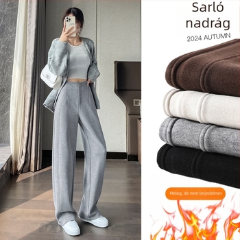 Női magas derekú, széles lábú nadrág fleece-béléssel, tweed hatású textúrával, őszi-téli, mindennapi viselet