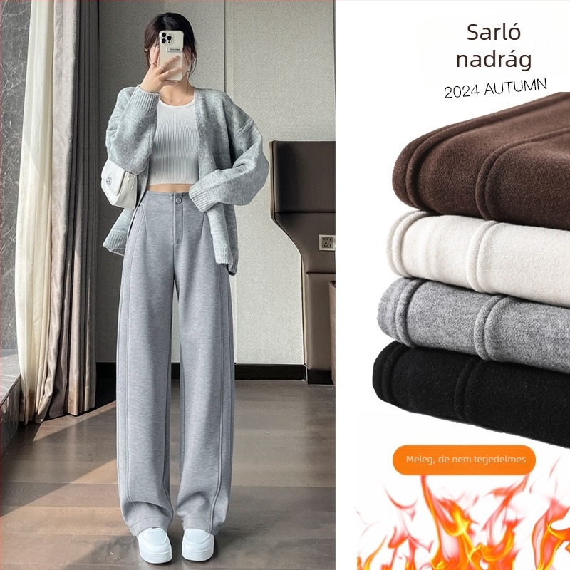Női magas derekú, széles lábú nadrág fleece-béléssel, tweed hatású textúrával, őszi-téli, mindennapi viselet