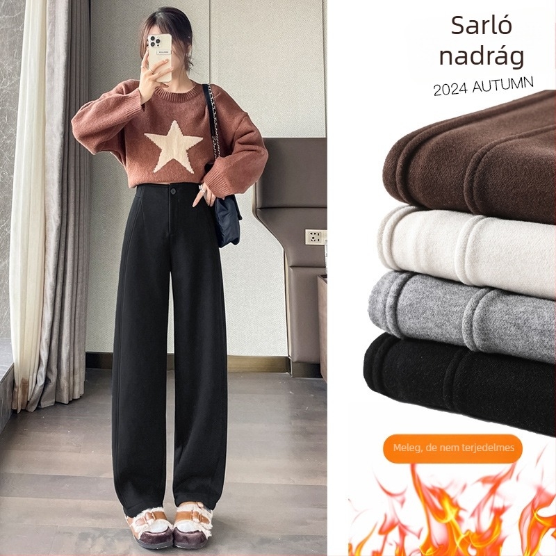 Női magas derekú, széles lábú nadrág fleece-béléssel, tweed hatású textúrával, őszi-téli, mindennapi viselet
