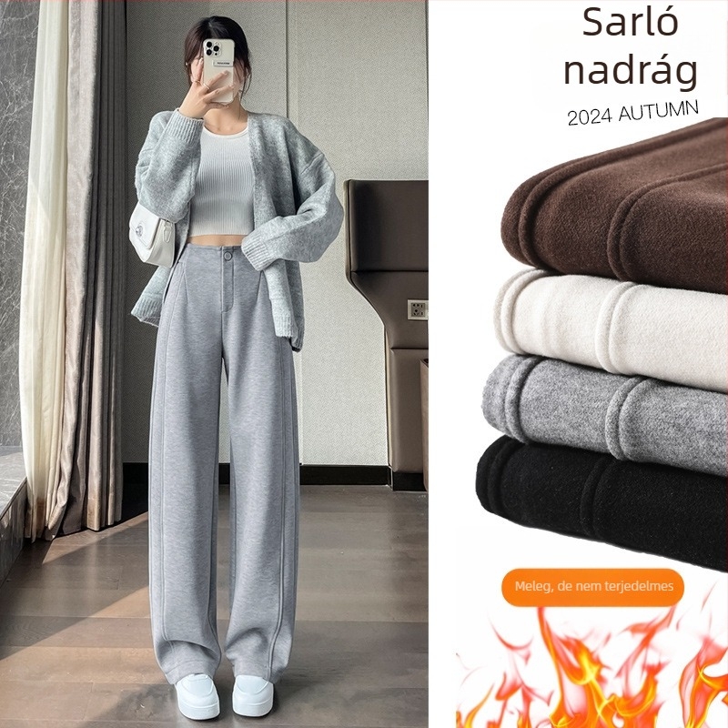 Női magas derekú, széles lábú nadrág fleece-béléssel, tweed hatású textúrával, őszi-téli, mindennapi viselet