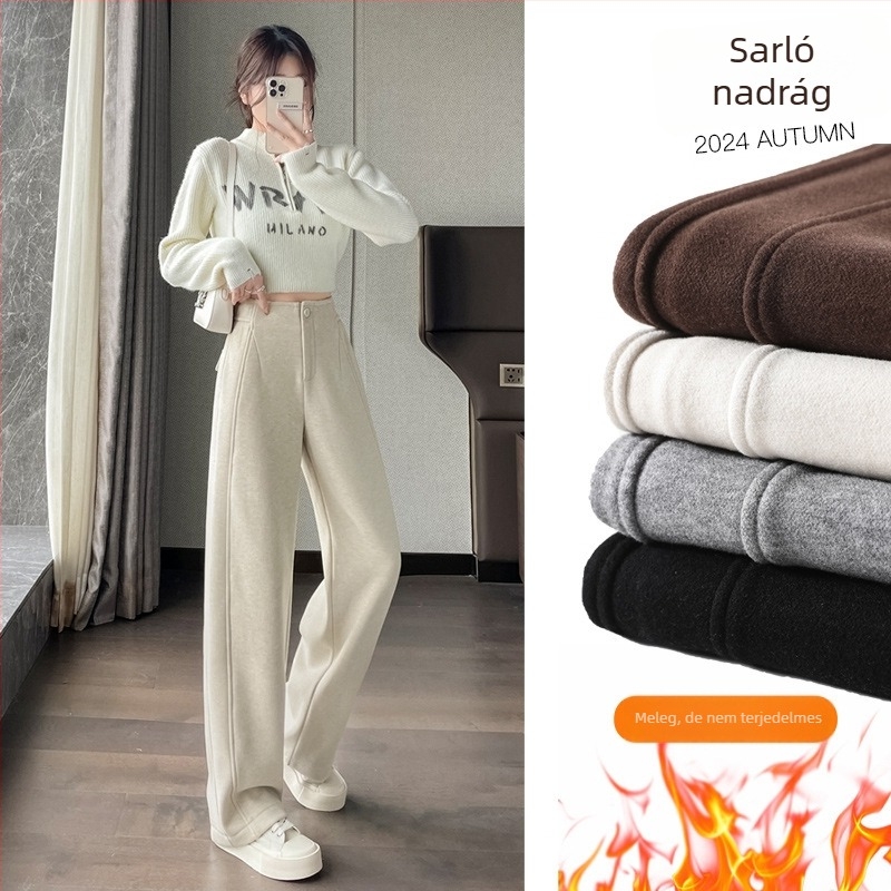Női magas derekú, széles lábú nadrág fleece-béléssel, tweed hatású textúrával, őszi-téli, mindennapi viselet