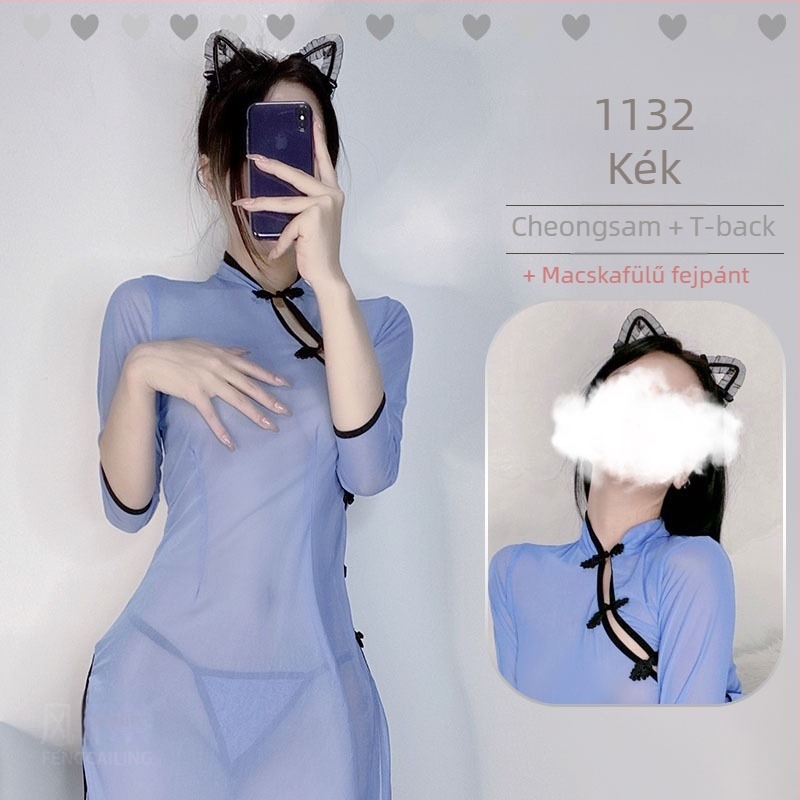 Szexi fehérnemű szerepjátékhoz, áttetsző Cheongsam-stílusú szolgálólány egyenruha