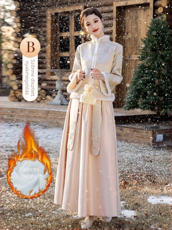 Koszorúslány ruha két-darabos készlet, hosszú ujjú, kínai stílus, satin, poliészter, A-vonalú siluett, 2025 nyári kiadás