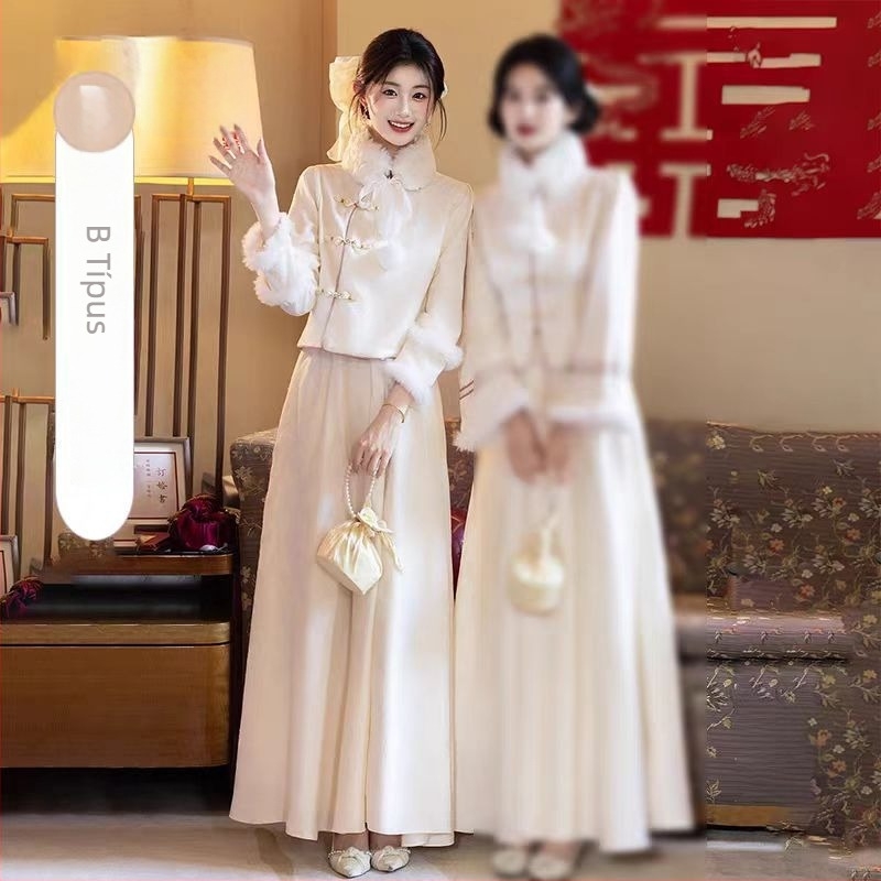 Koszorúslány ruha – Új kínai stílus, hosszú ujjú, A-vonalú sziluett, négyzetes gallér, hossz 135 cm, poliészter-elasztán keverék (>95% poliester)