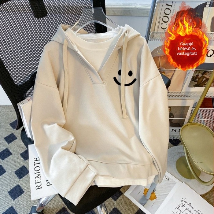 Női vastag fleece-bevonatos kapucnis pulóver, látszó kettős darabos megjelenés, szabad szabás, téli modell, plusz méret