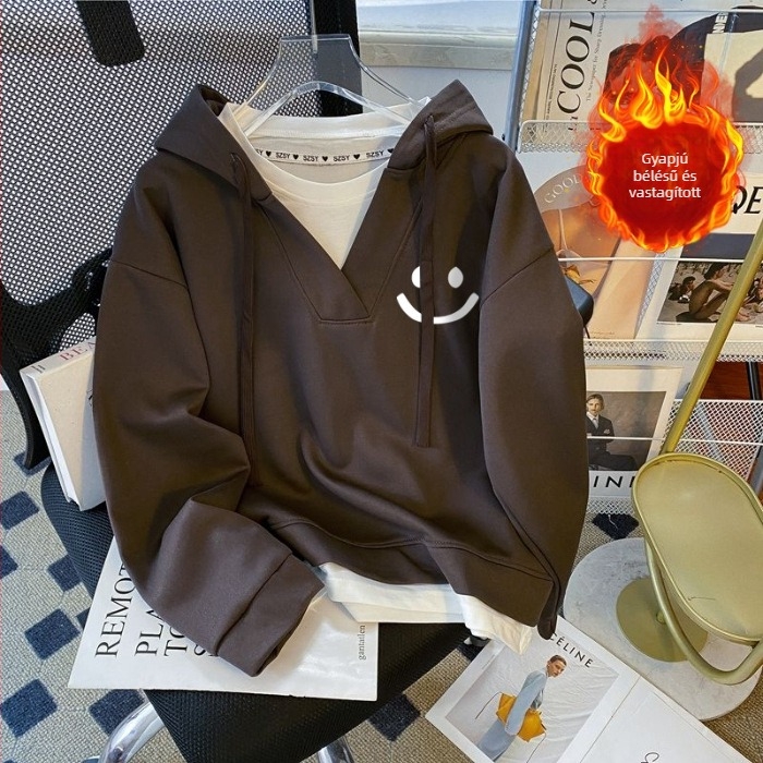 Női vastag fleece-bevonatos kapucnis pulóver, látszó kettős darabos megjelenés, szabad szabás, téli modell, plusz méret