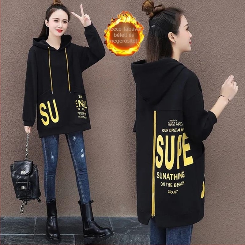 Női kapucnis pulóver nyúl szőrmével és velúr bélésével, laza szabású, középméret hossz, cipzár, betűs mintázat
