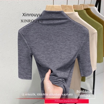 Plusz méretű női fleece-bélelt melegítő felső, közepes hosszú ujjú, fél magas gallér, szűk szabás, ősz-tél