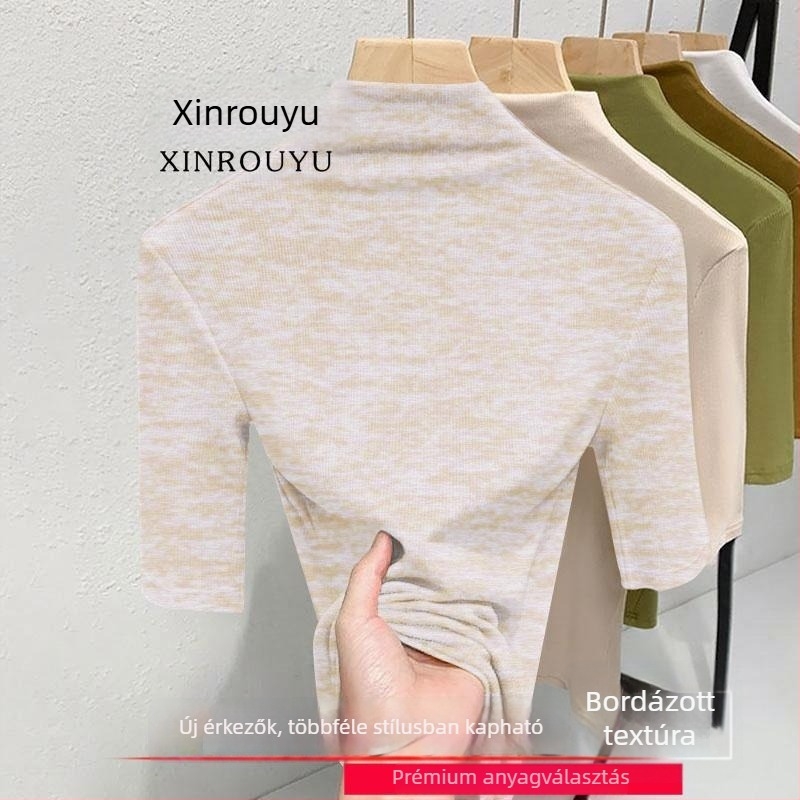 Plusz méretű női fleece-bélelt melegítő felső, közepes hosszú ujjú, fél magas gallér, szűk szabás, ősz-tél