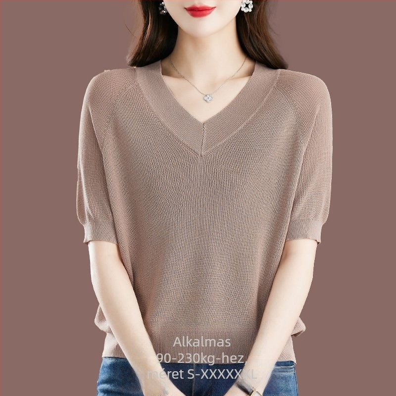 Női Ice Silk rövid ujjú póló, lazább szabás, V-nyak, 95%+ viszkóz