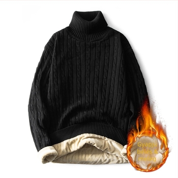 Plusz méretű férfi magas nyakú pulóver fleece béleléssel, vastag kötés, ősz-téli szezonra
